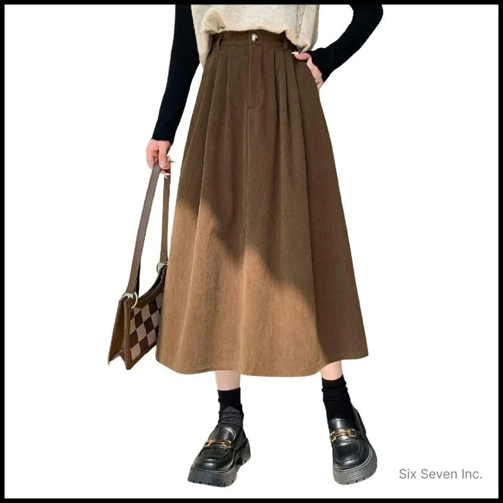 Vintage Corduroy A-Line Midi Skirt High Elastic Waist Pleated Swing with Pockets